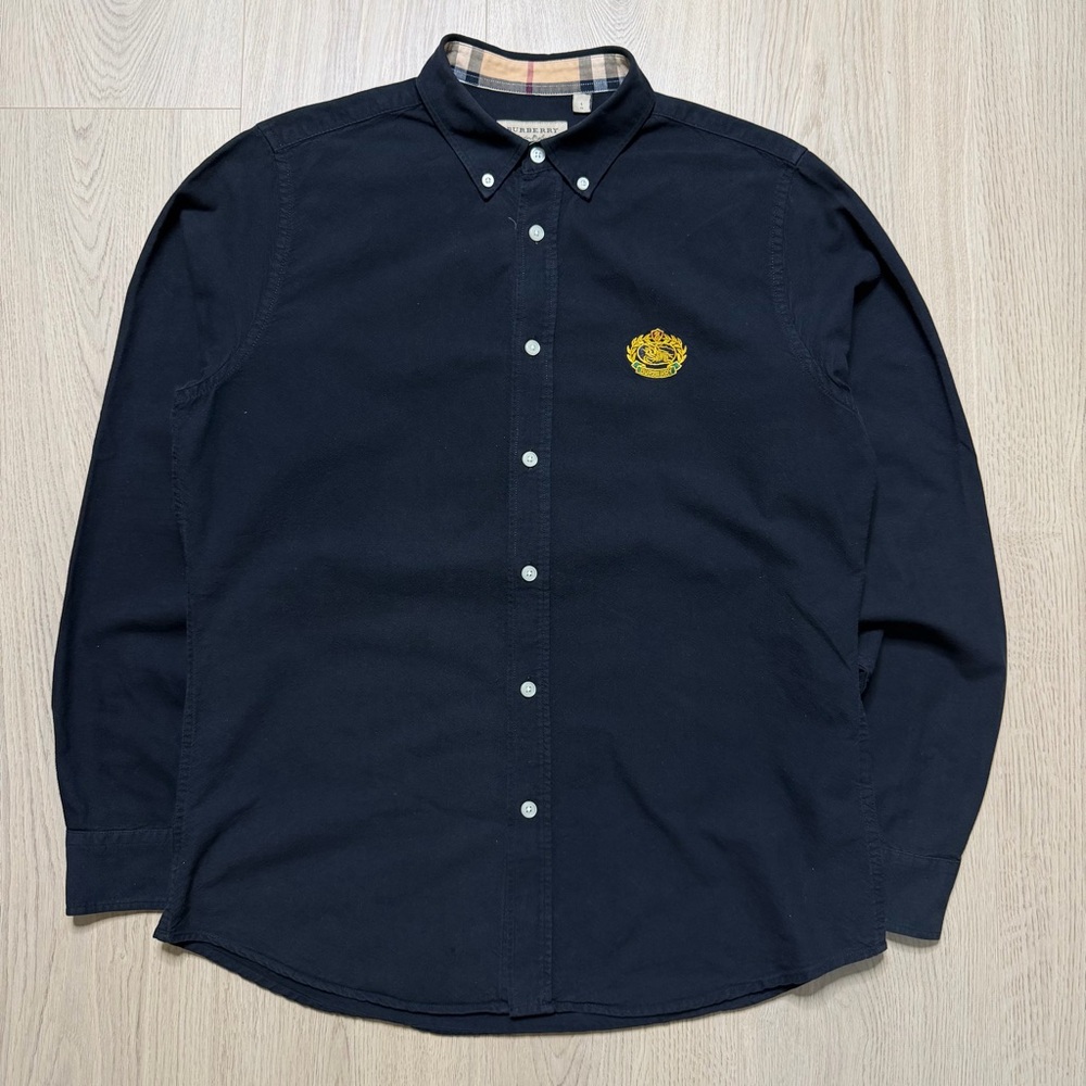Burberry London Crest Logo Long Sleeve Buttonup Shirt Mens Large Slim Fit Black